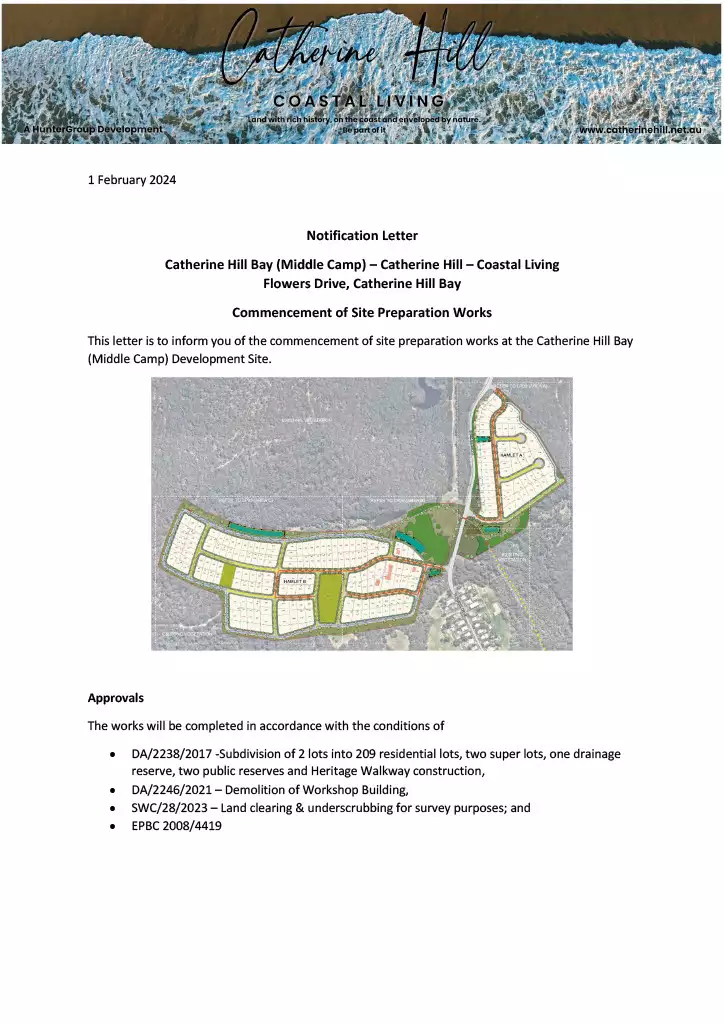 Notification letter for commencement of building works at new catherine hill properties